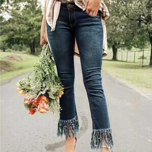 Frayed Hem‎ Jeans, Dark Wash Denim, Bootcut Flare, Fringed Ankle, Cropped 20